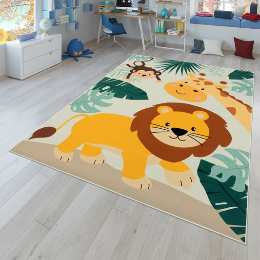 Kids Rug Lilo Jungle Animal Play Mat with Lion Giraffe Monkey in Beige