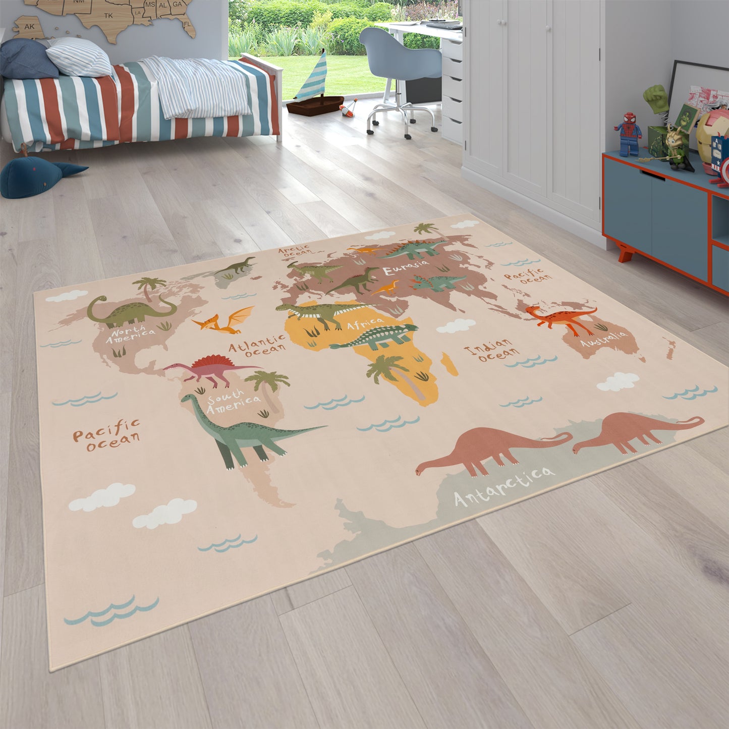 Play Mat Lilo Educational Kids Rug with World Map & Dinosaurs in Beige