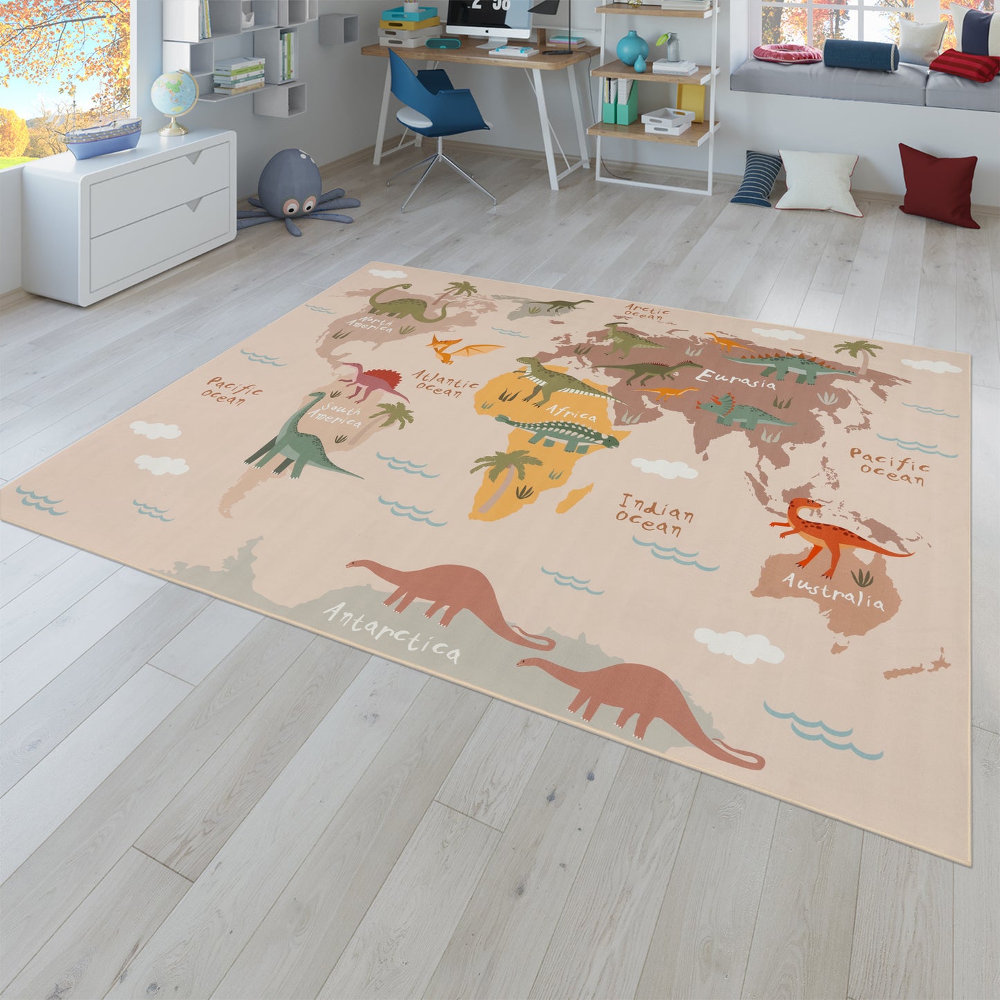 Play Mat Lilo Educational Kids Rug with World Map & Dinosaurs in Beige