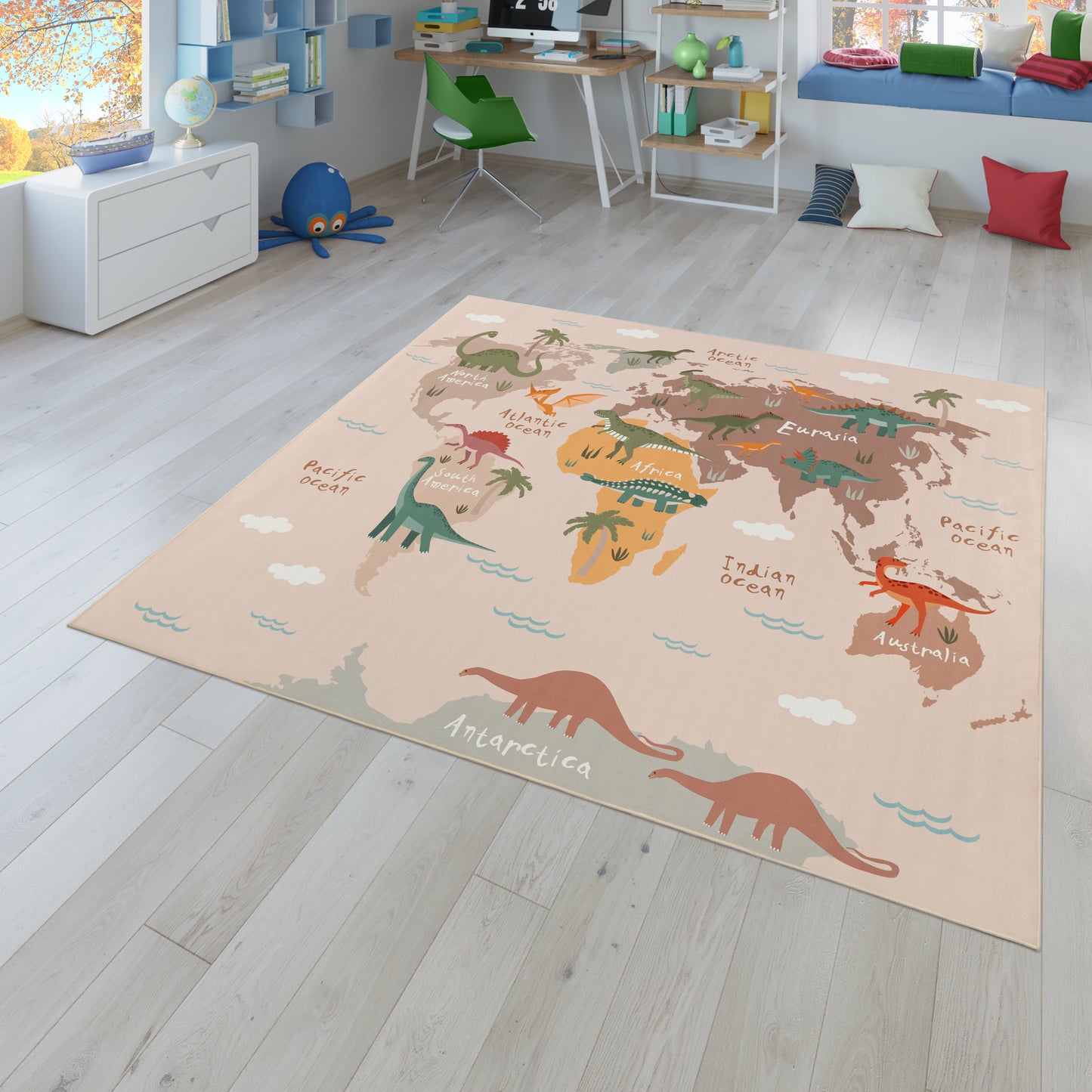 Play Mat Lilo Educational Kids Rug with World Map & Dinosaurs in Beige