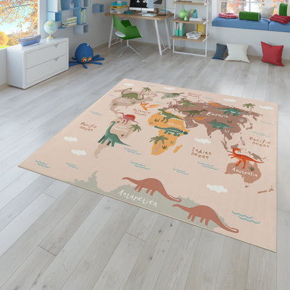 Play Mat Lilo Educational Kids Rug with World Map & Dinosaurs in Beige