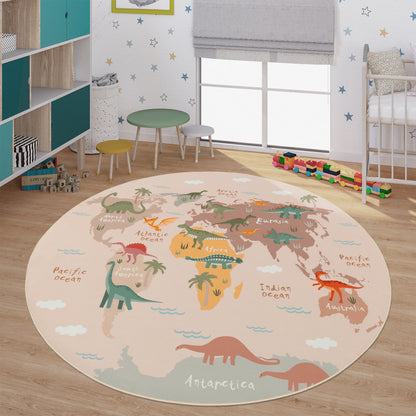 Play Mat Lilo Educational Kids Rug with World Map & Dinosaurs in Beige