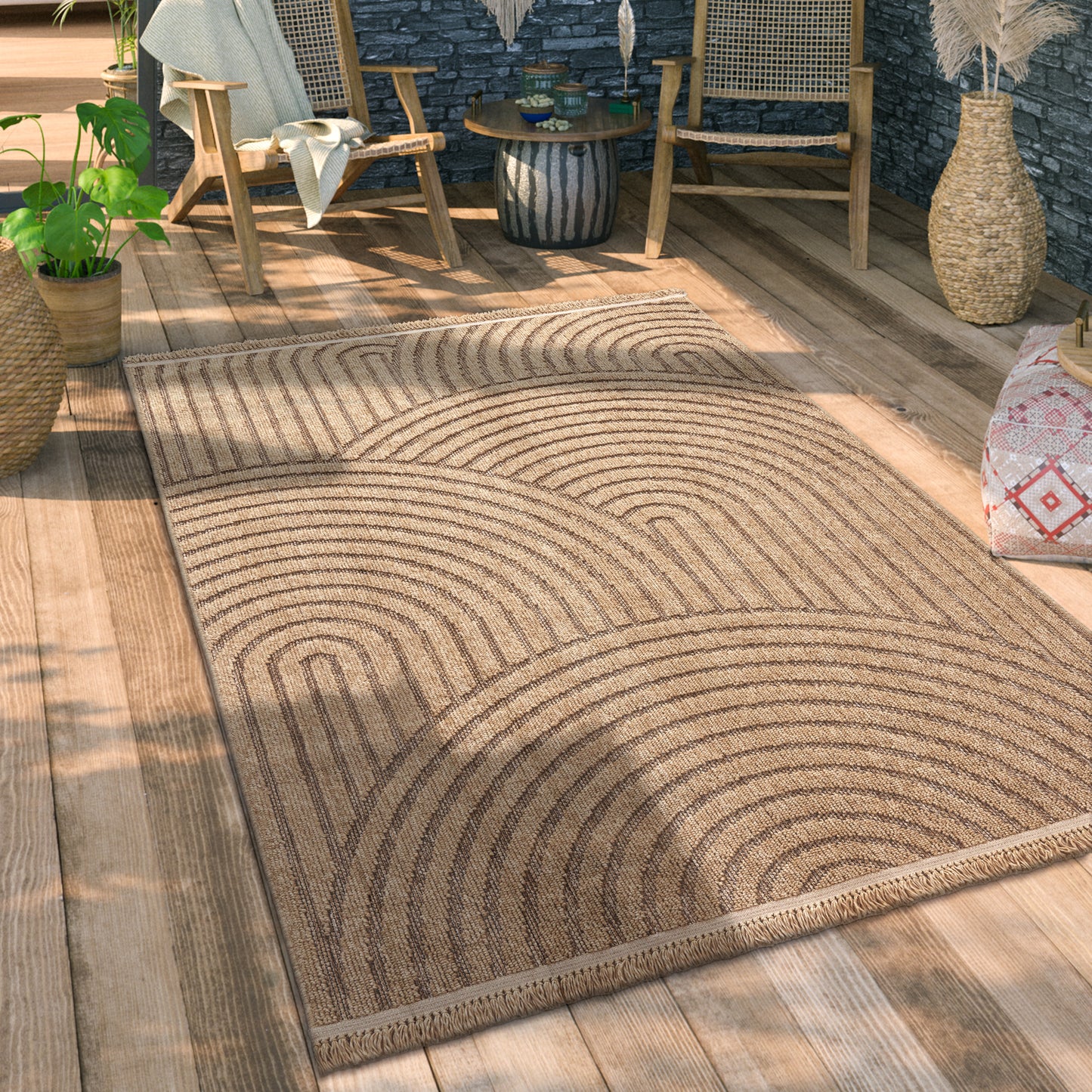 In- & Outdoor Rug Cologne with Modern Lines & Circles in Beige