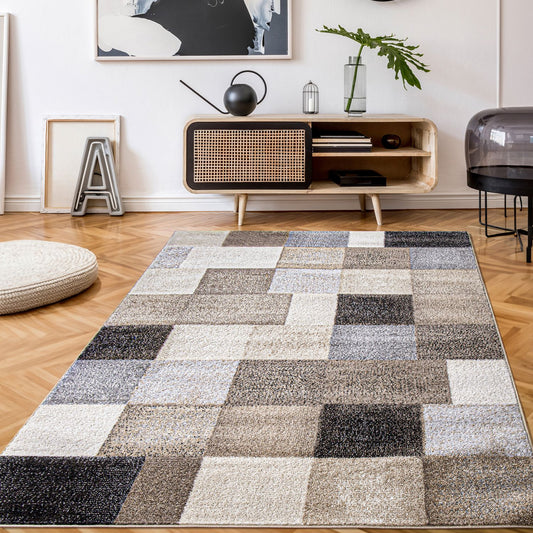 Modern Living Room Rug Fiesta Patchwork Look in Beige and Grey