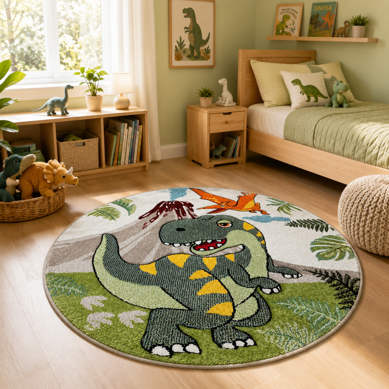 Kids Room Rug Dinosaur Jungle Volcano 3D in Green – RugYourHome