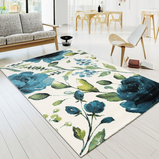 Artful Area Rug with Artful Watercolor Roses in Blue