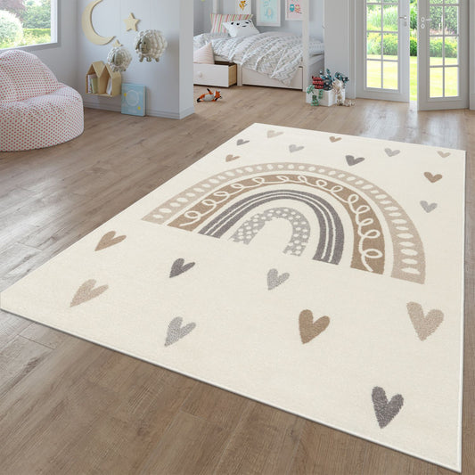 Kids Rug Nino with Rainbow and Hearts for Nursery in Beige Brown