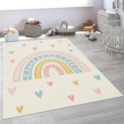 Kids Rug Nino with Rainbow and Hearts for Nursery in Cream