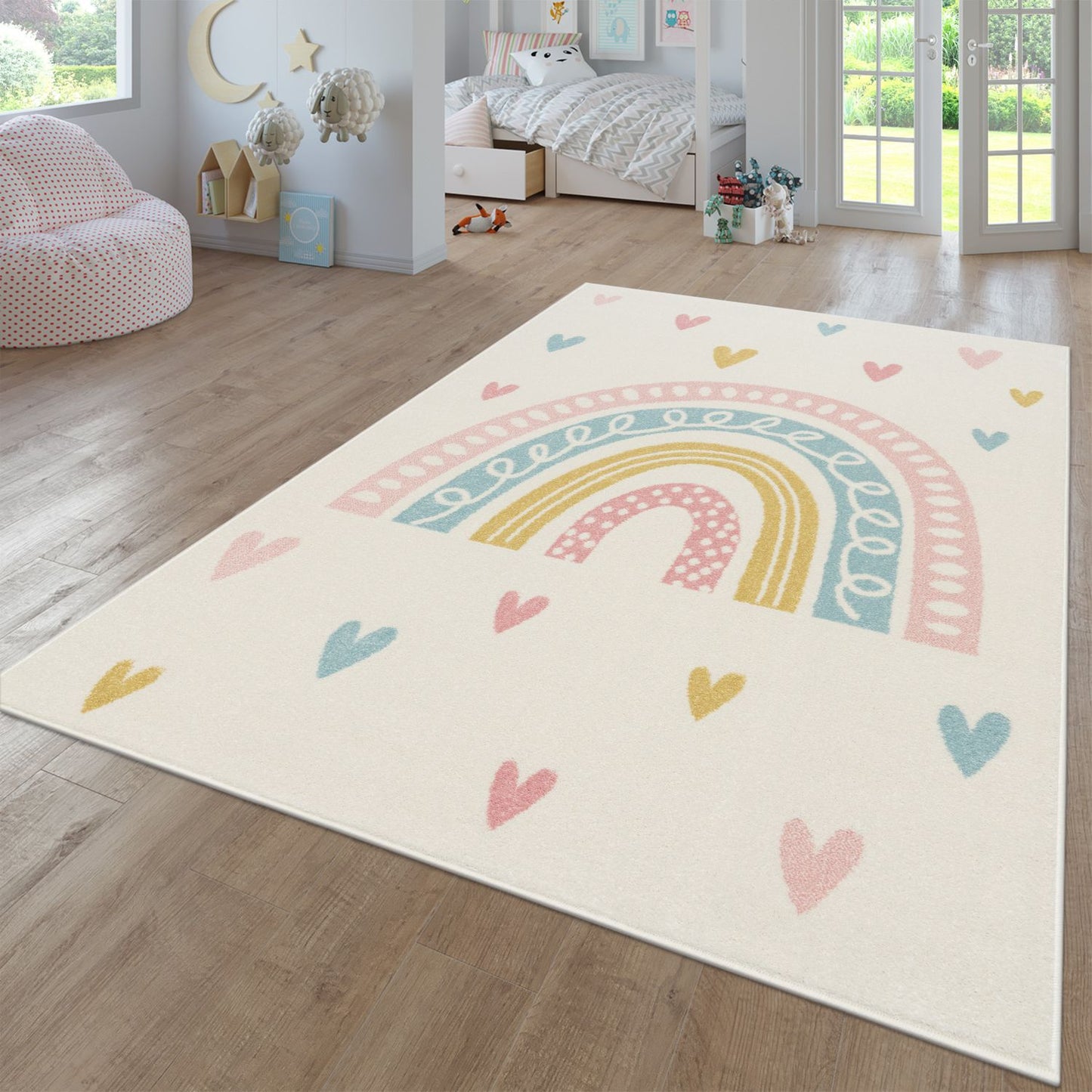 Kids Rug Nino with Rainbow and Hearts for Nursery in Cream