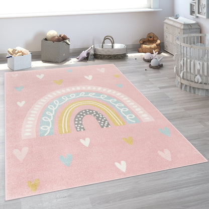 Kids Rug Nino with Rainbow and Hearts for Nursery in Pink
