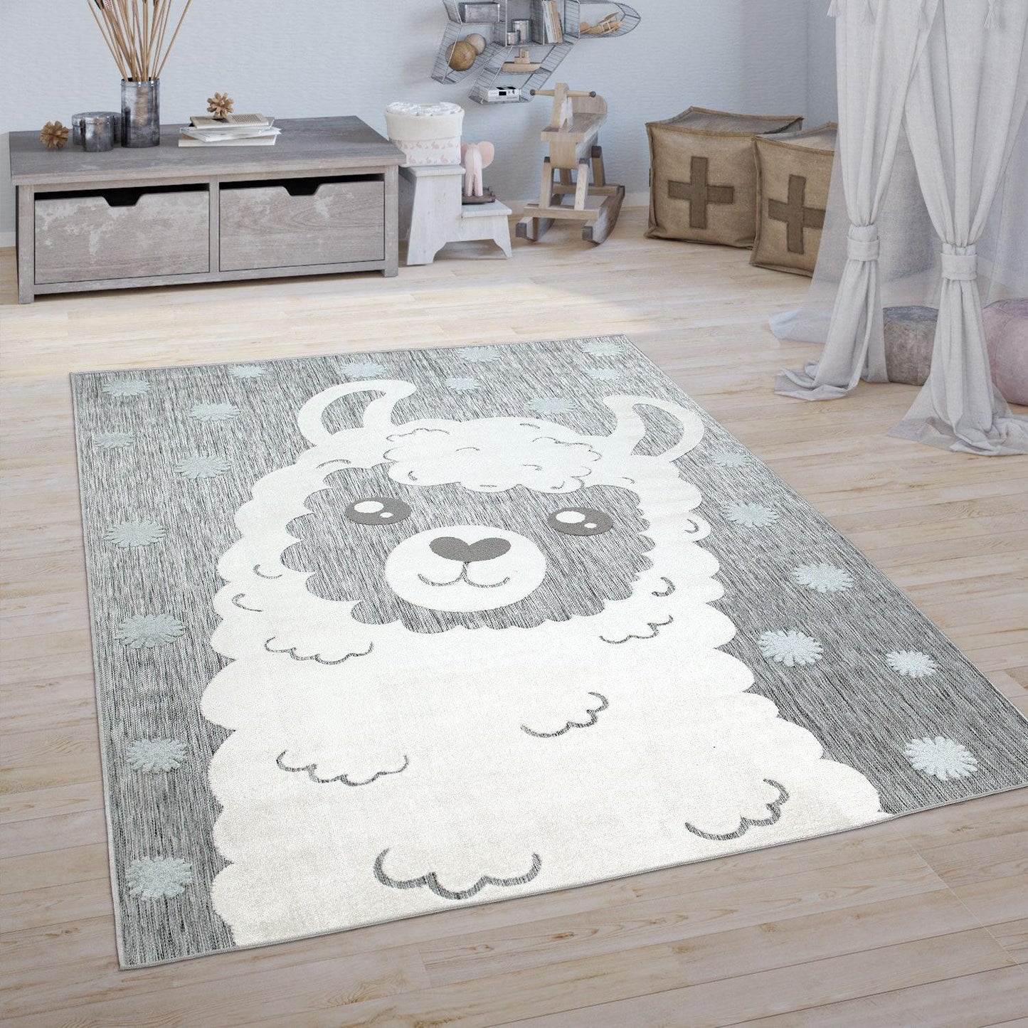 Animal Kids Rug with Cute Llama Motif Children High Low Effect Play Mat in Grey - RugYourHome