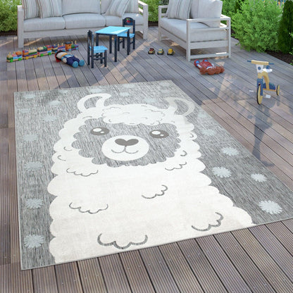 Animal Kids Rug with Cute Llama Motif Children High Low Effect Play Mat in Grey - RugYourHome