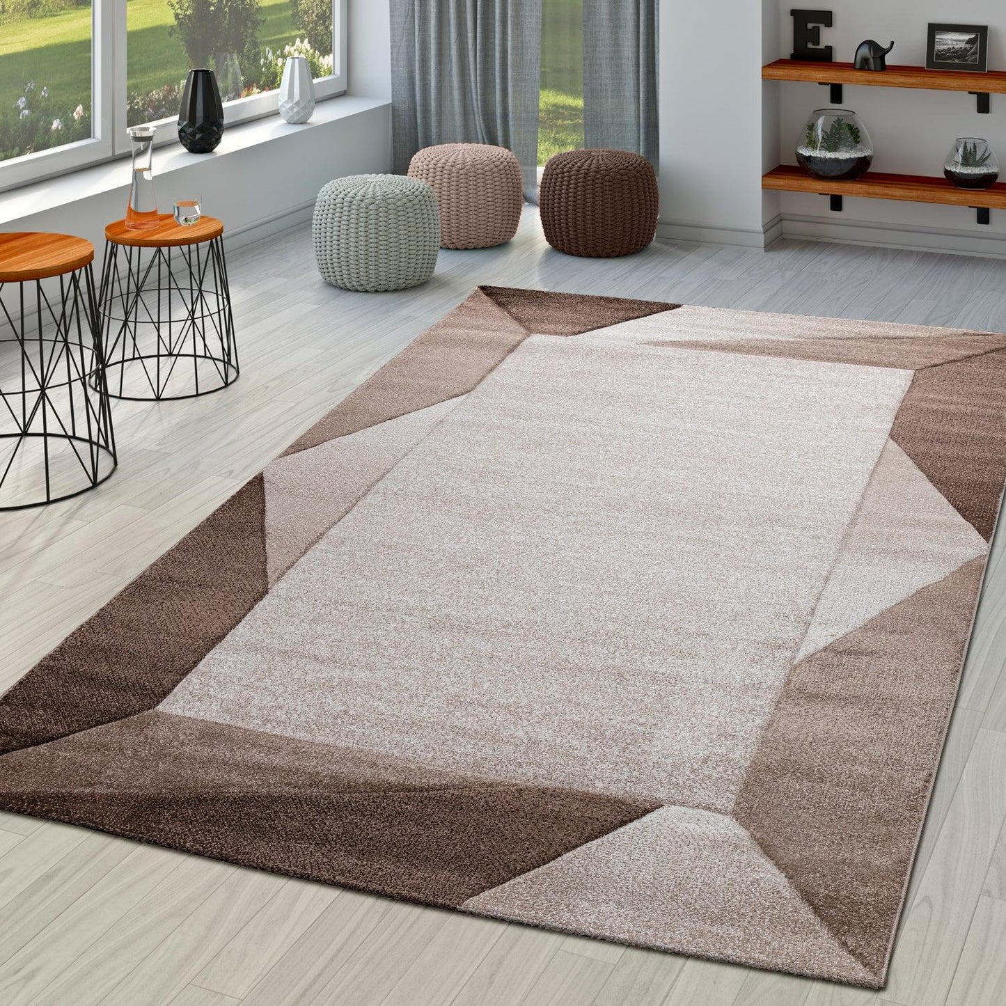 Area Rug Bordered with Geometric Pattern and Contour Cut in Brown Beige - RugYourHome