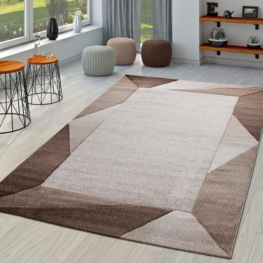 Area Rug Bordered with Geometric Pattern and Contour Cut in Brown Beige - RugYourHome