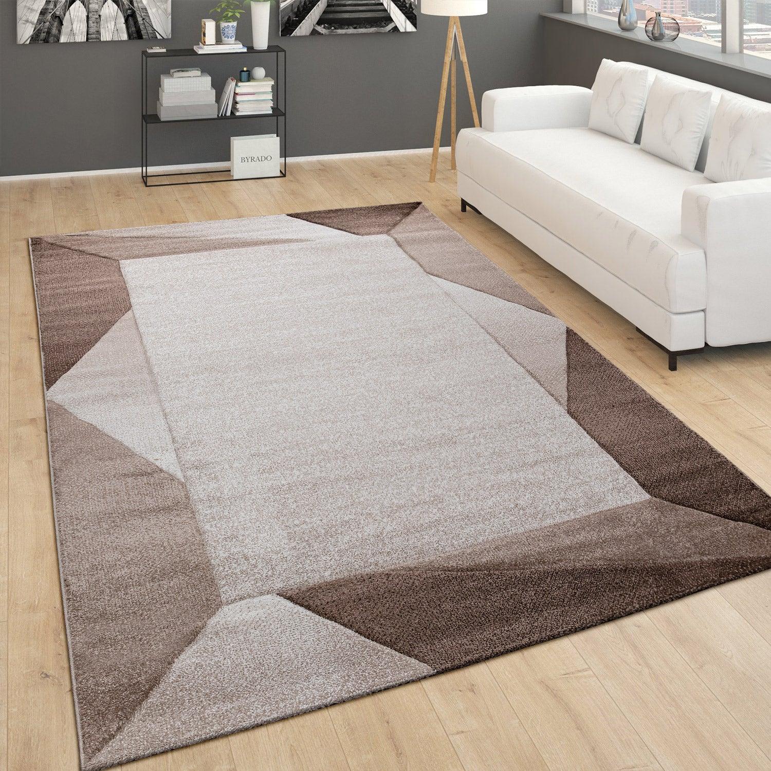 Area Rug Bordered with Geometric Pattern and Contour Cut in Brown Beige - RugYourHome