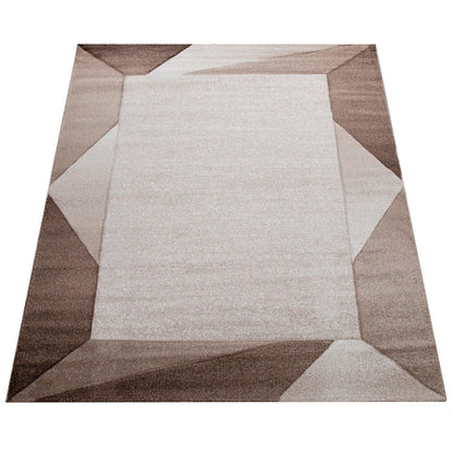 Area Rug Bordered with Geometric Pattern and Contour Cut in Brown Beige - RugYourHome