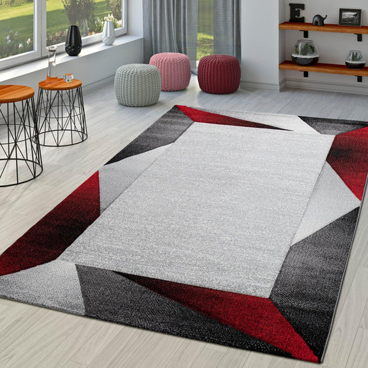 Area Rug Bordered with Geometric Pattern Red Grey with Contour Cut - RugYourHome