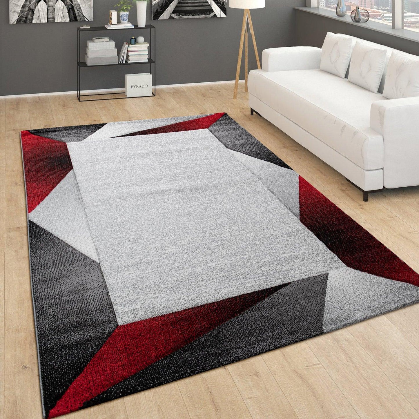 Area Rug Bordered with Geometric Pattern Red Grey with Contour Cut - RugYourHome