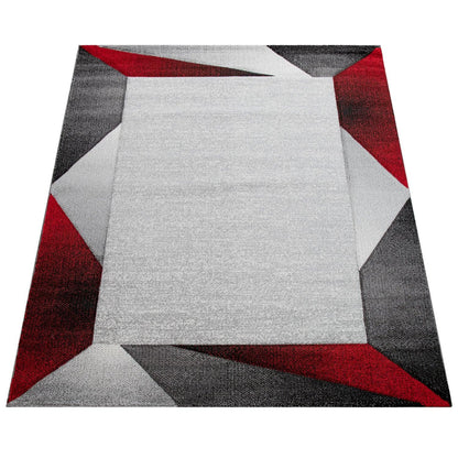 Area Rug Bordered with Geometric Pattern Red Grey with Contour Cut - RugYourHome