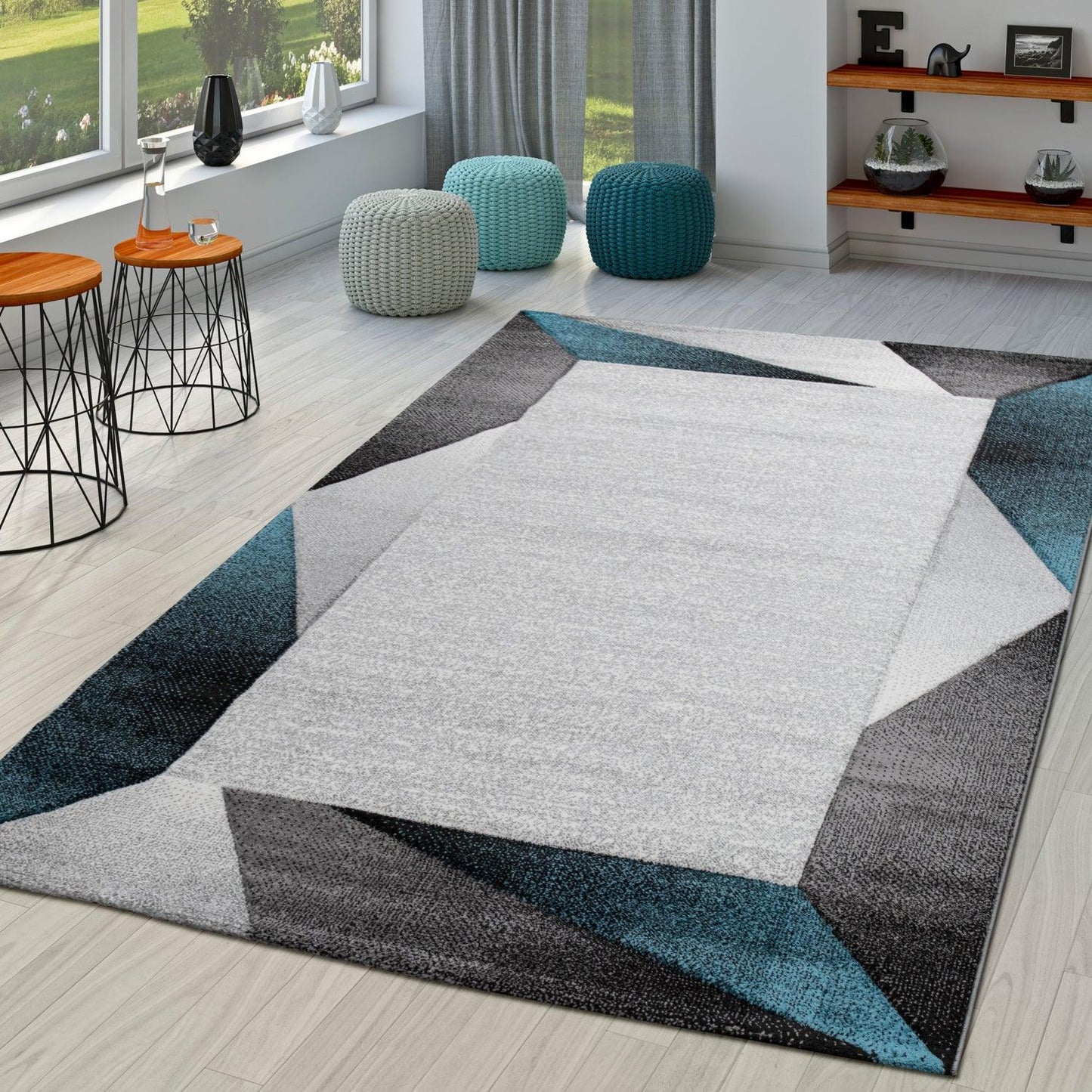 Area Rug Bordered with Geometric Pattern Turquoise Grey with Contour Cut - RugYourHome