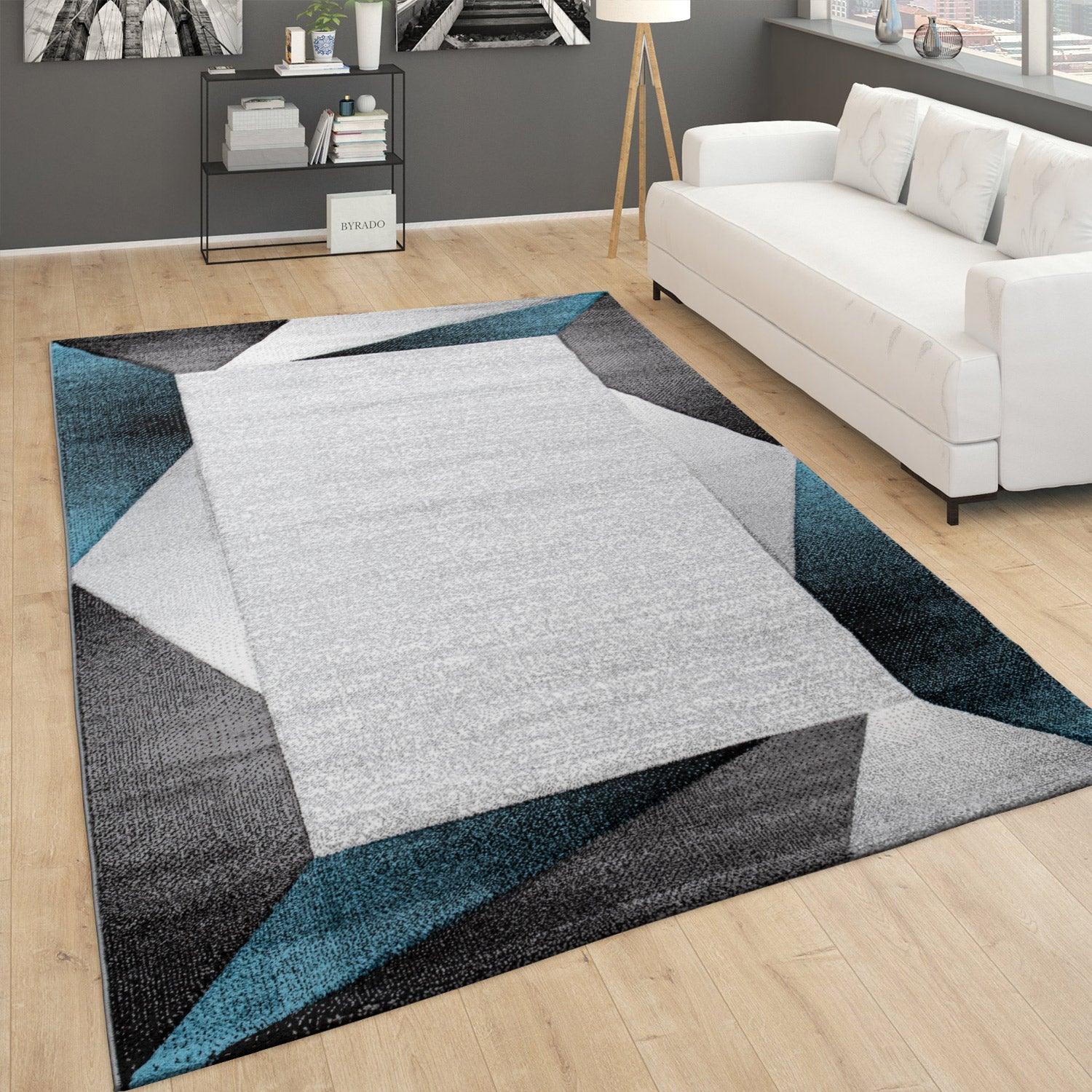 Area Rug Bordered with Geometric Pattern Turquoise Grey with Contour Cut - RugYourHome