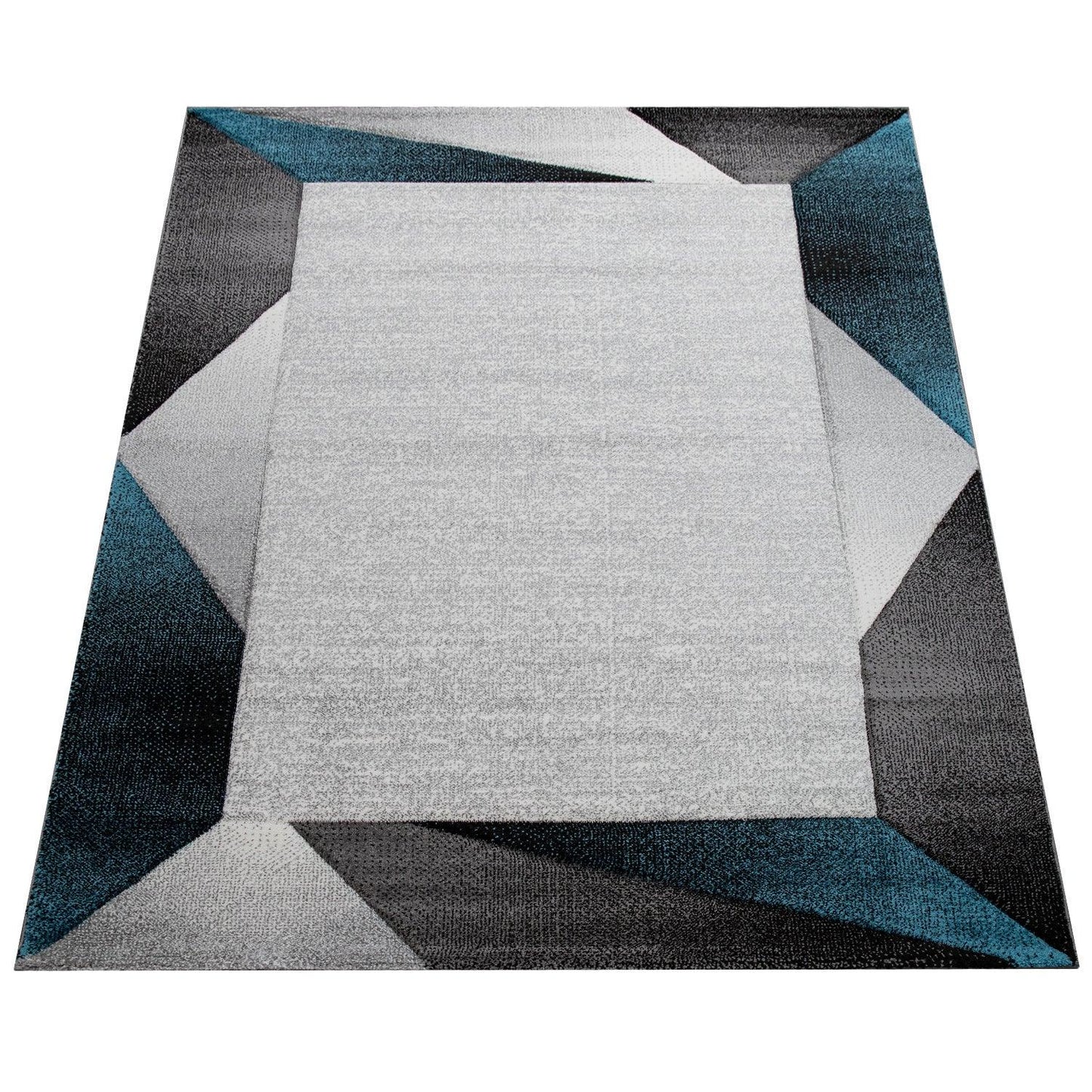 Area Rug Bordered with Geometric Pattern Turquoise Grey with Contour Cut - RugYourHome