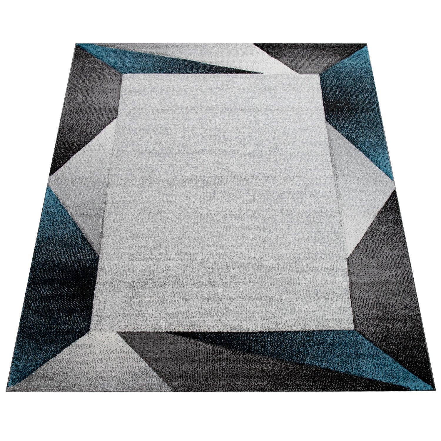 Area Rug Bordered with Geometric Pattern Turquoise Grey with Contour Cut - RugYourHome