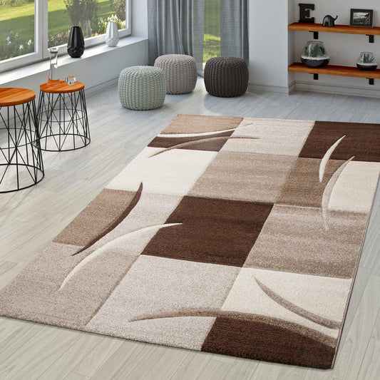 Area Rug Madeira Checkered with Contour Cut - Brown - RugYourHome