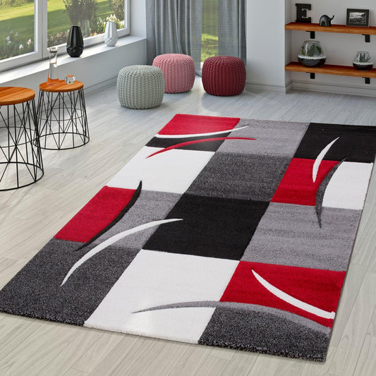 Area Rug Madeira Checkered with Contour Cut - Grey Red - RugYourHome