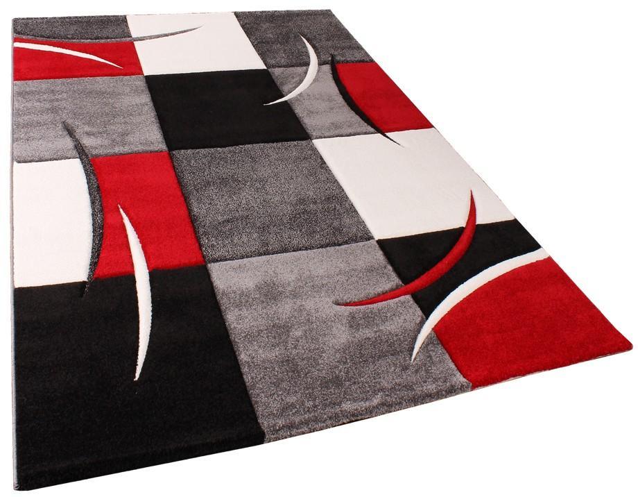 Area Rug Madeira Checkered with Contour Cut - Grey Red - RugYourHome