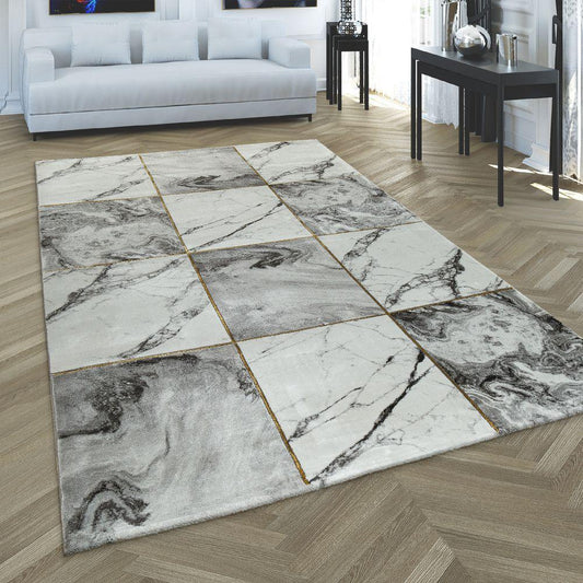 Area Rug Marble Pattern Checkered in Grey Gold Beige - RugYourHome