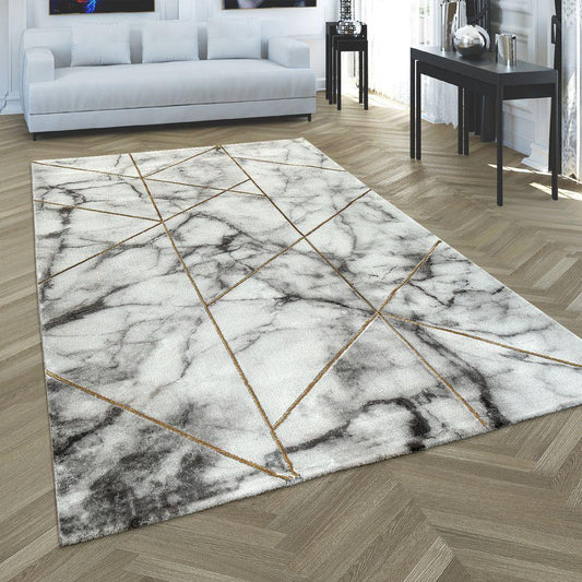 Area Rug Marble Pattern Hardwearing in Grey Gold Cream - RugYourHome