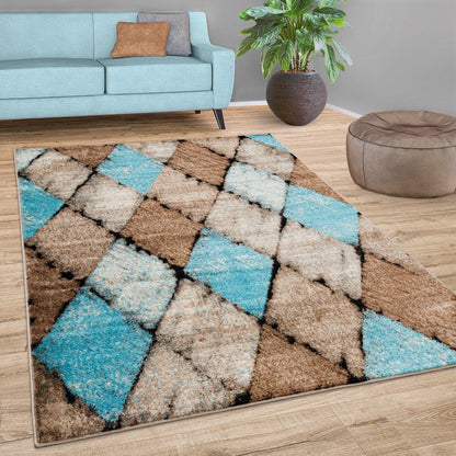 Beige Blue Area Rug Modern Diamond Pattern Low-Pile - RugYourHome