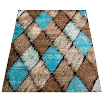 Beige Blue Area Rug Modern Diamond Pattern Low-Pile - RugYourHome