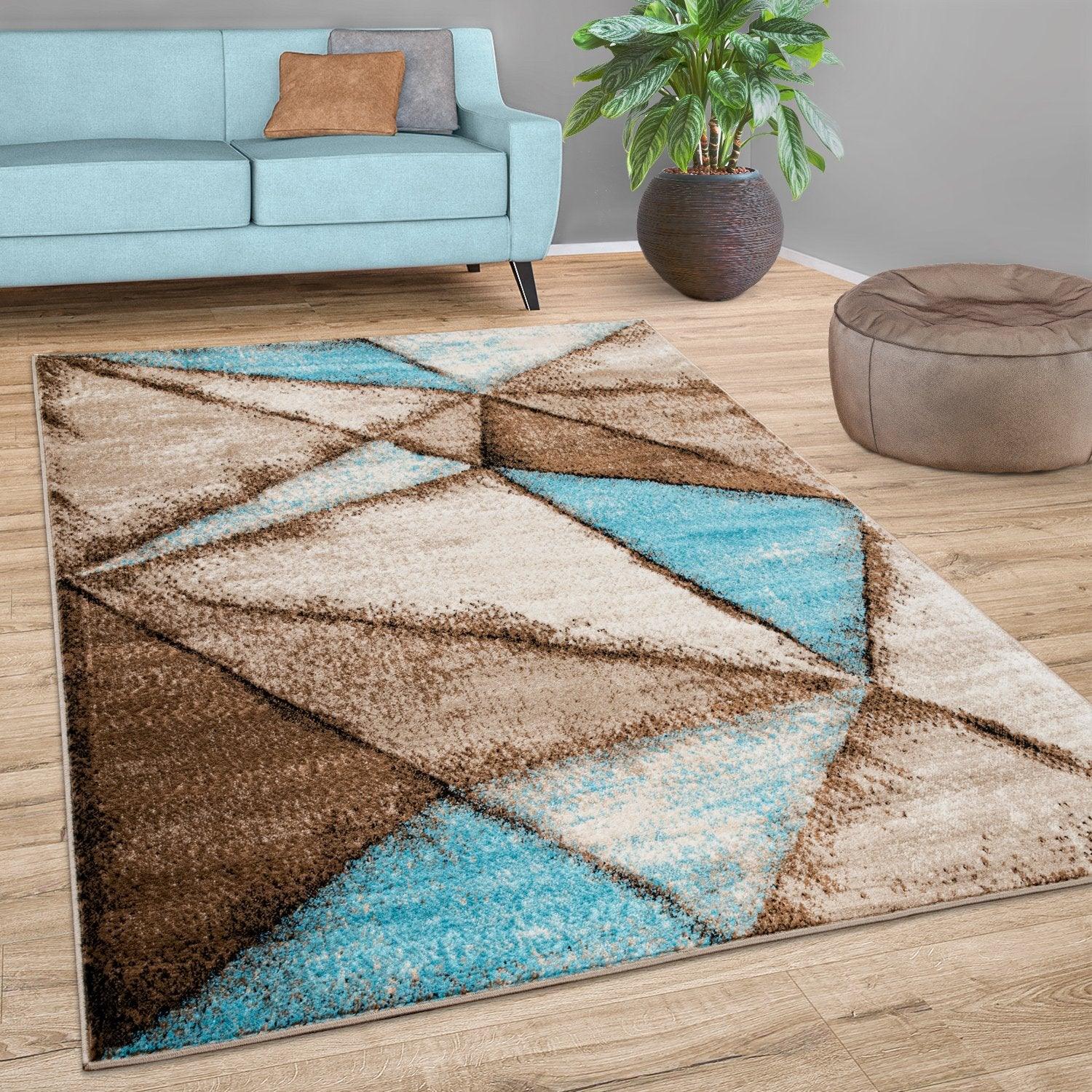 Beige Blue Area Rug Modern Geometric Pattern Low-Pile - RugYourHome