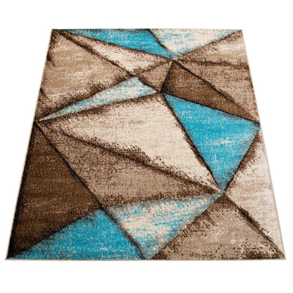 Beige Blue Area Rug Modern Geometric Pattern Low-Pile - RugYourHome