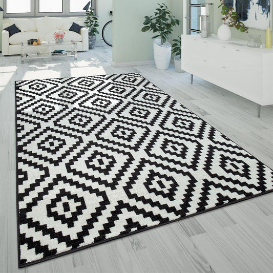 Black White Living Room Rug Boho Design Diamond Pattern - RugYourHome