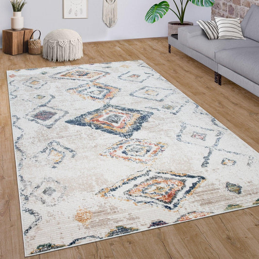 Boho Rug Cream Ethnic Diamond Pattern Unique Design Ripped - RugYourHome