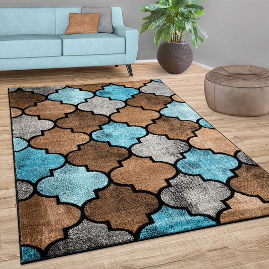 Brown Blue Area Rug for Living Room Moroccan Pattern - RugYourHome