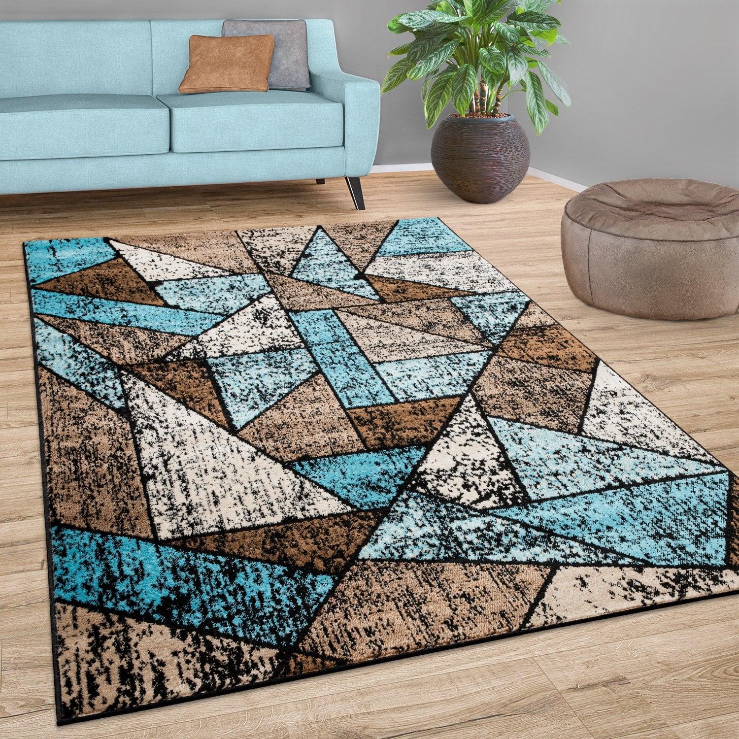 Brown Blue Area Rug Modern Geometric Pattern Low-Pile - RugYourHome