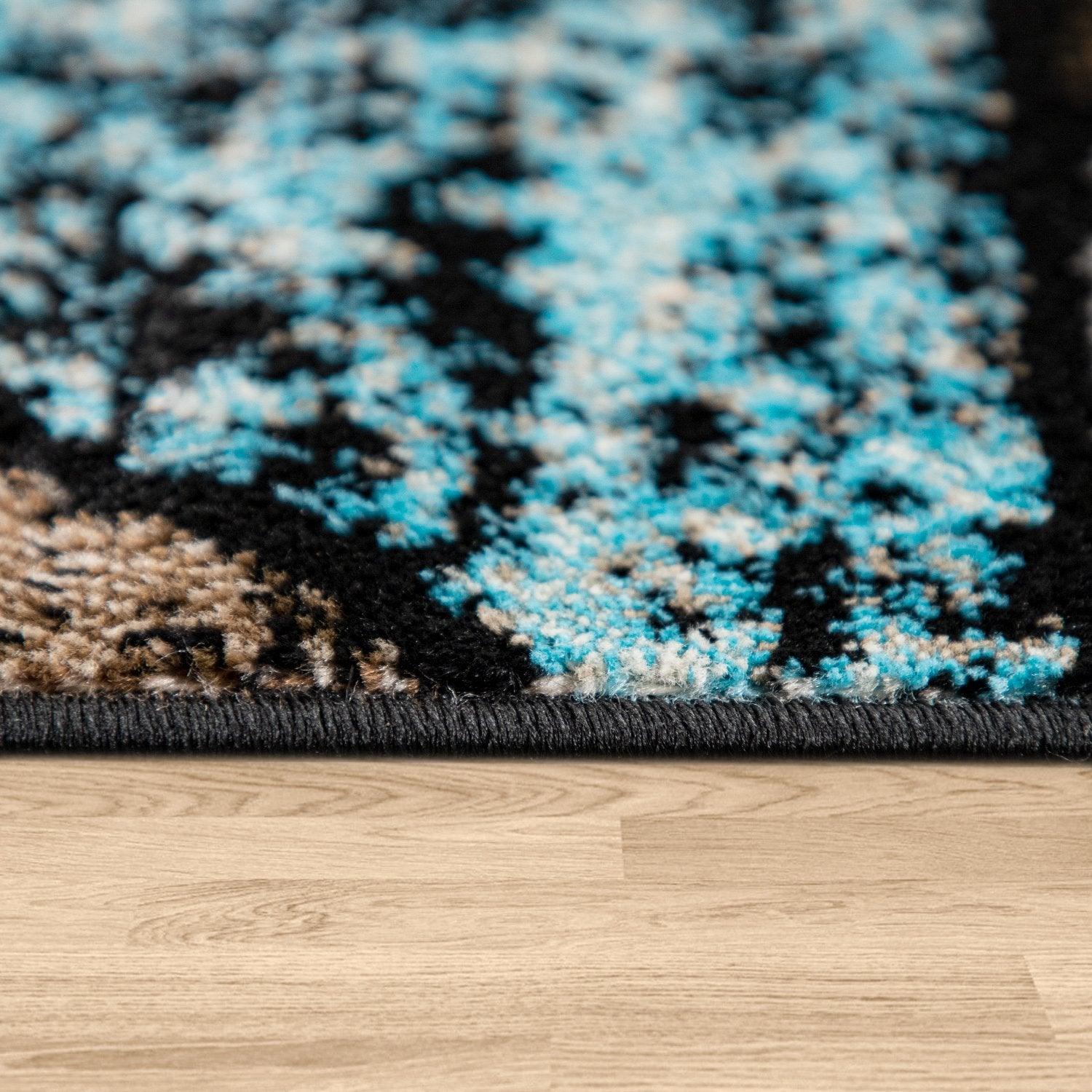 Brown Blue Area Rug Modern Geometric Pattern Low-Pile - RugYourHome