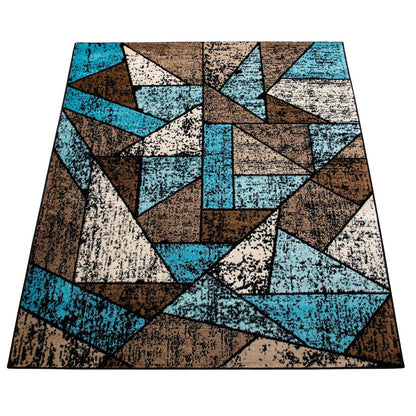 Brown Blue Area Rug Modern Geometric Pattern Low-Pile - RugYourHome