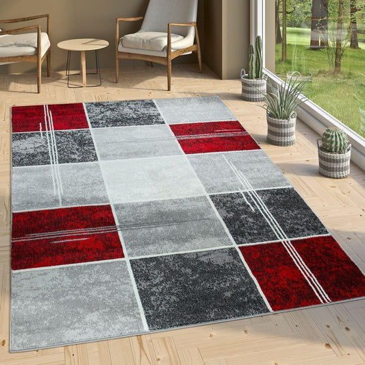 Checked Area Rug Marble Effect Modern Grey Red - RugYourHome