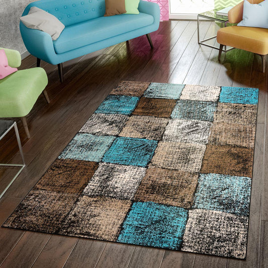 Checkered Area Rug Metro - Brown Blue Pastel - RugYourHome