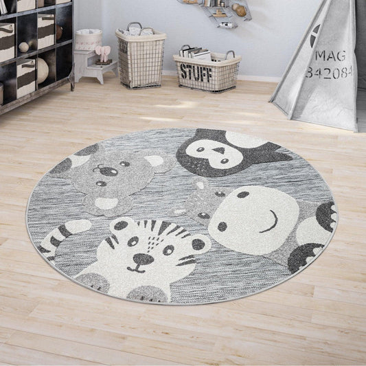 Cute Round Kids Rug Zoo Animals with Penguin Koala Bear Tiger and Hippo in Grey - RugYourHome