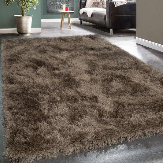 Fluffy Rug Shaggy For Living Room in Brown Soft & Shimmering - RugYourHome