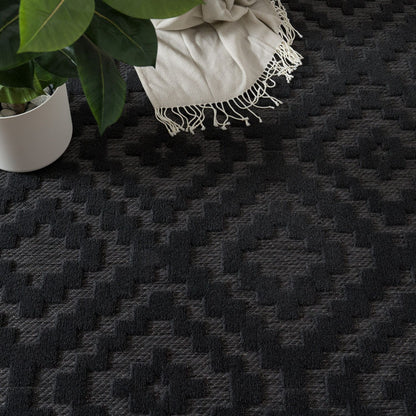 Indoor Outdoor Rug Livorno Trellis High-Low Pattern In Anthracite