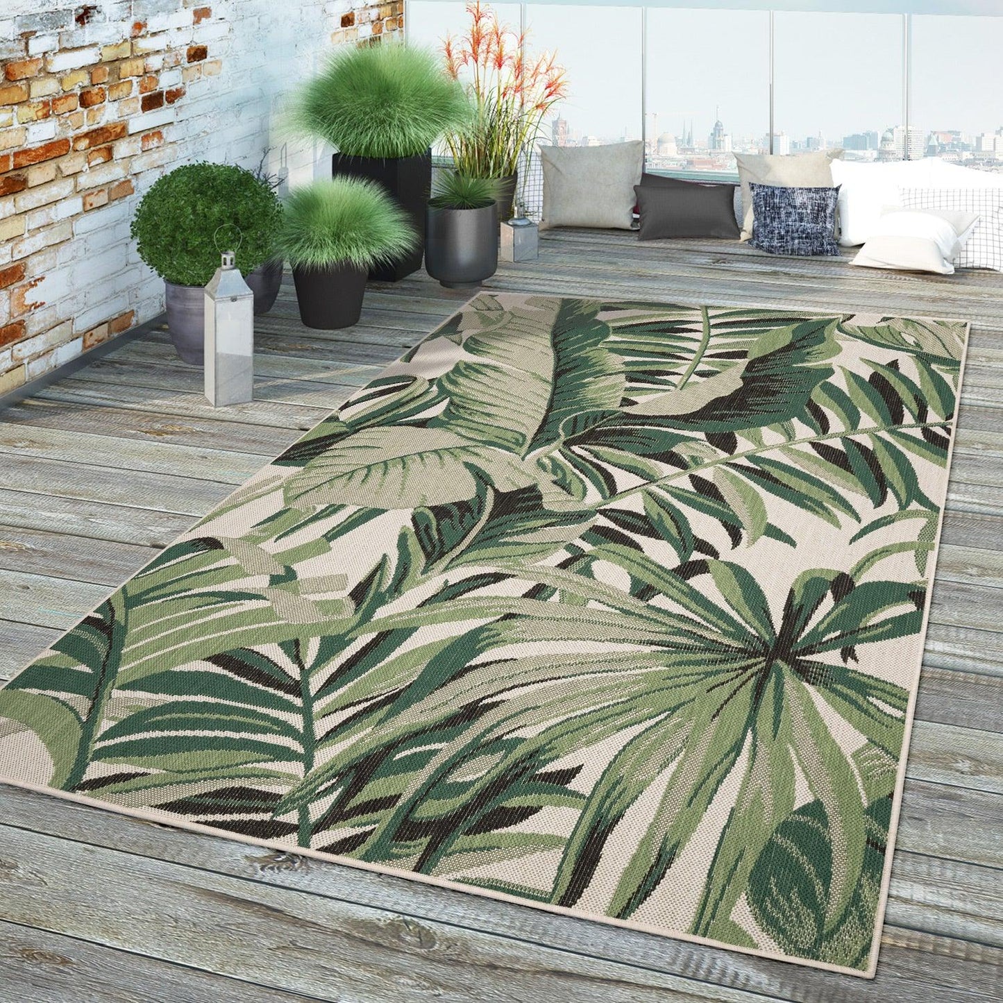 In- & Outdoor Rug Ostende for Patio Jungle Design - Green Beige - RugYourHome