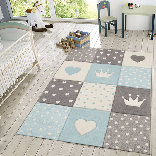 Kids Rug Checked Dots Hearts & Crowns in Pastel Blue Grey