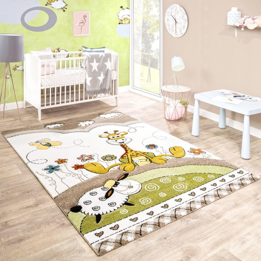 Kid's Rug Nursery Baby Giraffe & Sheep in Beige Cream Contour Cut - RugYourHome